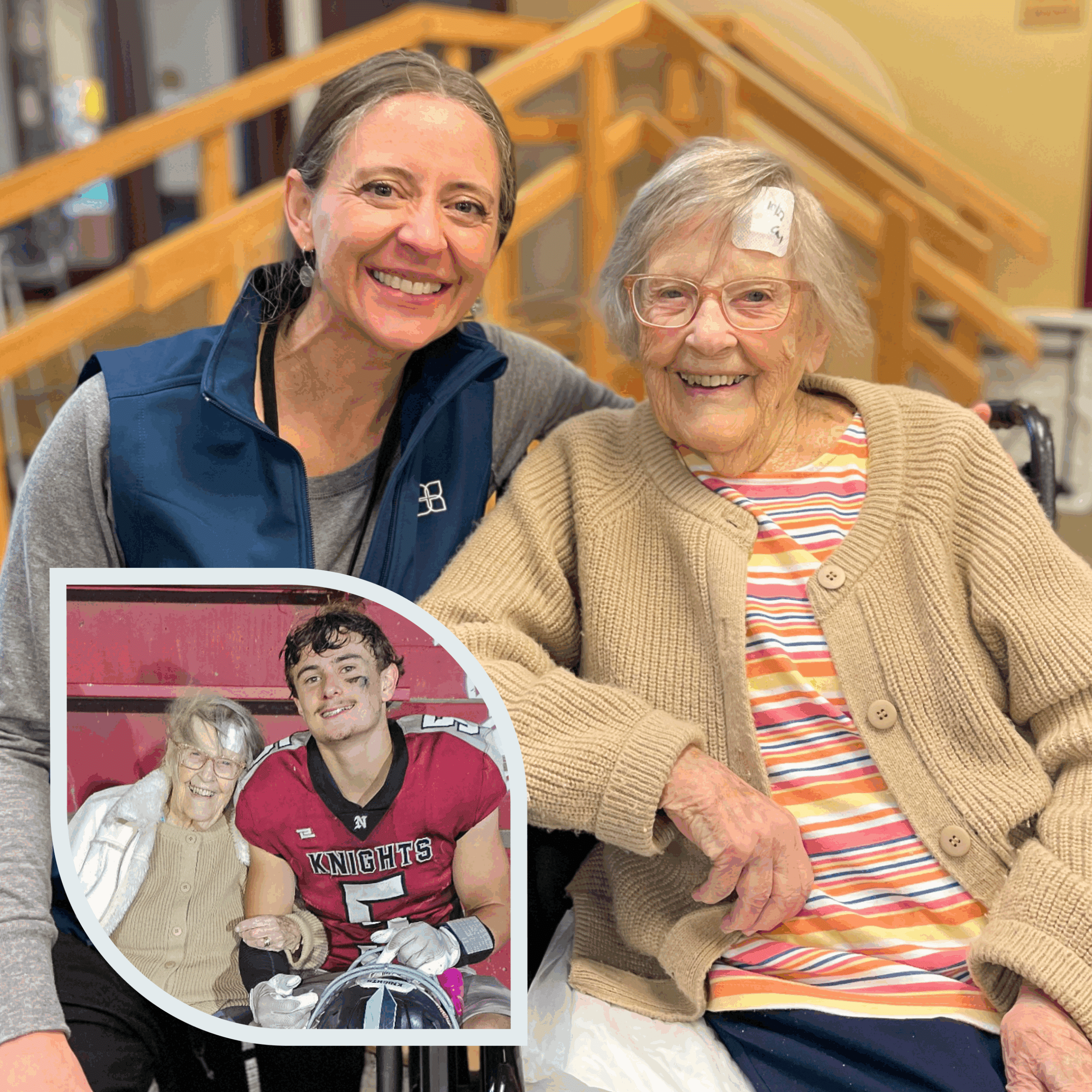 An older woman in a wheelchair smiles beside a younger woman indoors. Inset photo shows the same older woman with a football player in a red Knights uniform.